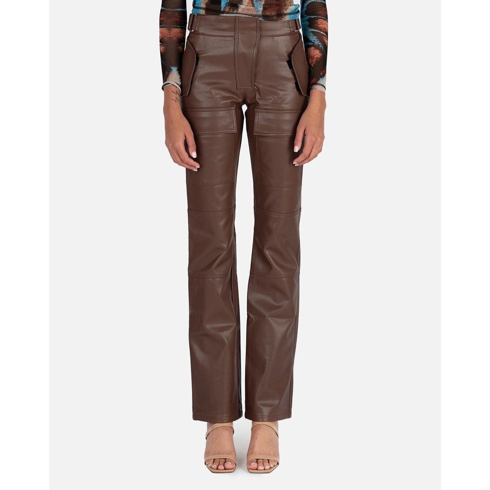 MISBHV Size S Leather Effect Brown Cargo Straight Leg Trousers Pant